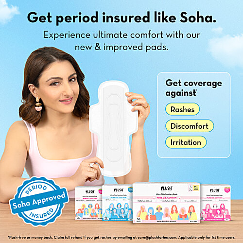 Plush Ultra Thin Sanitary Pads With 2 Liners - XXL, 12 pcs Pure U.S. Cotton, Rash-Free