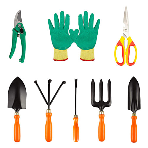 Klassic Gardening Tools Combo - Pruner, Fork, Khurpa, Gloves, Scissor, Cultivator, Big & Small Trowel, 8 pcs  