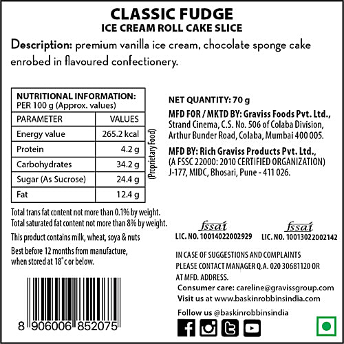 Buy Baskin Robbins Ice Cream Roll Cake Slice Classic Fudge Online at