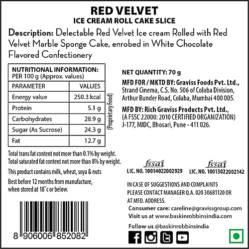 Buy Baskin Robbins Ice Cream Roll Cake Slice Red Velvet Online at
