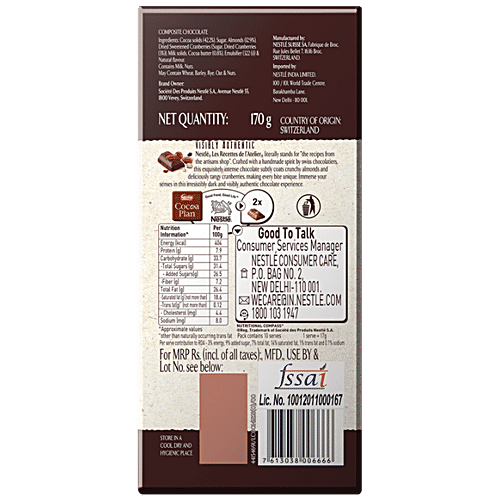 NESTLE Les Recettes de l'Atelier Swiss Chocolate - Cranberries Almonds Bar, 43% Cocoa Dark Noir, Rich & Luscious, 170 g