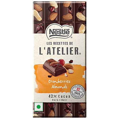 NESTLE Les Recettes de l'Atelier Swiss Chocolate - Cranberries Almonds Bar, 43% Cocoa Dark Noir, Rich & Luscious, 170 g