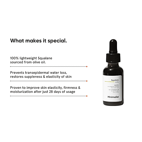 Minimalist Squalane 100% Face Oil - For Light Moisturization, Improves Skin Hydration & Reduces Fine Lines, 30 ml  