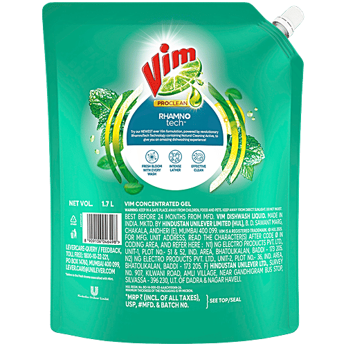 Vim ProClean Dishwash Liquid Gel With Mint, Cooling Freshness, 1.7 L  Removes Tough Grease & Odours