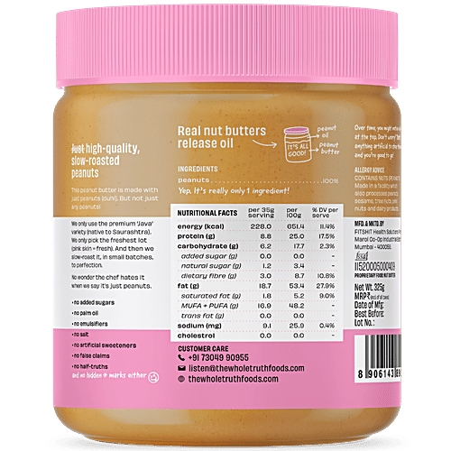 The Whole Truth Unsweetened Peanut Butter - Crunchy & Natural, For Baking, Bread Spread Use, 325 g  No Palm Oil, No Added Sugar