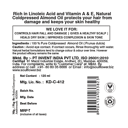 Soulflower Baby Massage Oil With Organic Almond Badam Tel for Sensitive skin, Hair Growth, Face, Body Massage, 120 ml  