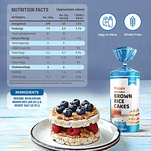 Pintola Organic Wholegrain Brown Rice Cakes - Lightly Salted, 130 g Only 30 Calories Per Cake