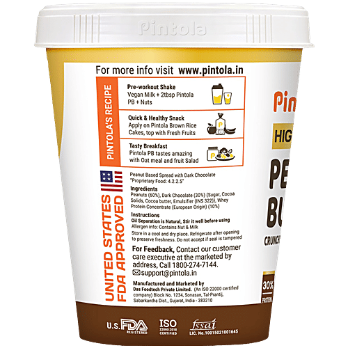 Pintola Dark Chocolate Peanut Butter - Crunchy, With Added Whey Protein, 510 g Crunchy & Delicious
High Protein Goodness
Irresistible Chocolate Flavour
Versatile Nut Butter