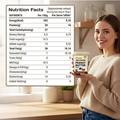 Pintola Dark Chocolate Peanut Butter - Crunchy, With Added Whey Protein, 510 g Crunchy & Delicious
High Protein Goodness
Irresistible Chocolate Flavour
Versatile Nut Butter