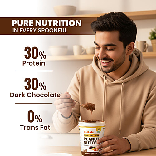 Pintola Dark Chocolate Peanut Butter - Crunchy, With Added Whey Protein, 510 g Crunchy & Delicious
High Protein Goodness
Irresistible Chocolate Flavour
Versatile Nut Butter