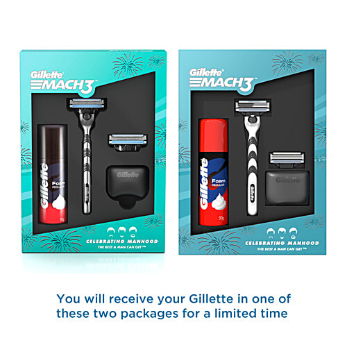 Gillette Mach 3 Gift Pack for Men Shaving Kit Razor, Foam, Cartridge, Portable Hygiene Cap, 4 pcs