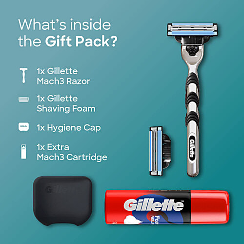 Gillette Mach 3 Gift Pack for Men Shaving Kit Razor, Foam, Cartridge, Portable Hygiene Cap, 4 pcs