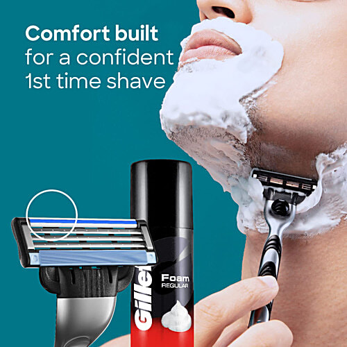 Gillette Mach 3 Gift Pack for Men Shaving Kit Razor, Foam, Cartridge, Portable Hygiene Cap, 4 pcs