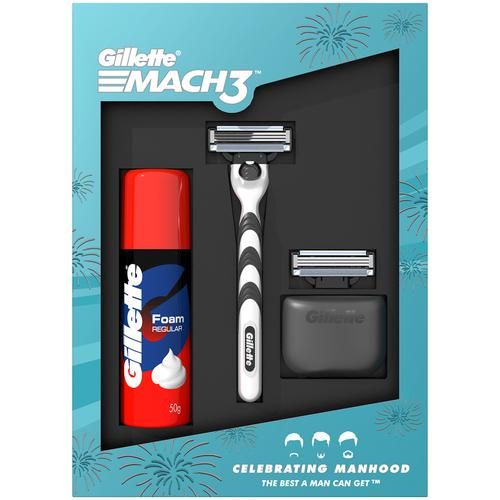 Gillette Mach 3 Gift Pack - Razor, Foam, Extra Cartridge, Portable Hygiene  Cap, 4 pcs