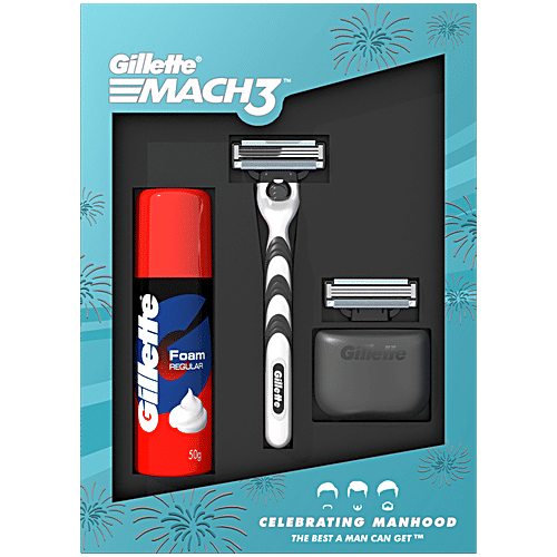 Gillette Mach 3 Gift Pack for Men Shaving Kit Razor, Foam, Cartridge, Portable Hygiene Cap, 4 pcs