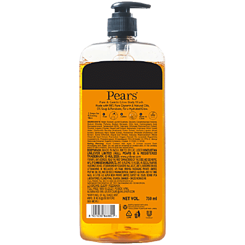 Pears Pure & Gentle Shower Gel, 750 ml With 98% Pure Glycerine, Pump Bottle, 100% Soap Free & No Parabens, SuperSaver XL