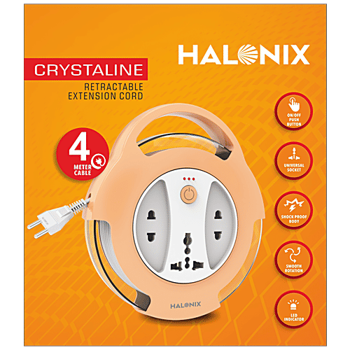 Halonix Crystaline Retractable Extension Cord - Polycarbonate, 4 Mtr, With LED Indicator, 1 pc Box