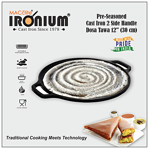 Buy IRONIUM Cast Iron Dosa Tawa Induction Base, 30 cm, 10 mm, Side Handle, PreSeasoned Online