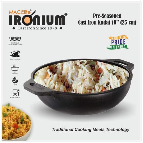 Buy Jikoni Pre-Seasoned Cast Iron Kadai, 10 inch (260mm, Cast Iron,  Non-stick, Induction Bottom) Online at Best Prices in India - JioMart.