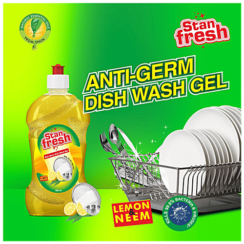Stanfresh Dish Wash Gel - Anti Germ, Residue Free Cleaning, Lemon & Neem Aroma, 500 ml