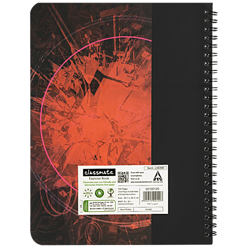 Classmate Pulse Notebook - Unruled, Spiral Binding, 26.7 X 20.3 cm, 160 Pages, 1 pc  Spiral Binding
 Elemental Chlorine Free Paper
 Unruled