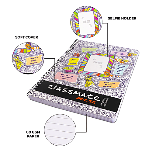 Classmate Pulse Notebook - Ruled, Single Line, 240 mm x 180 mm, Spiral Binding, 302 pages, 1 pc  Happy Girls
 Selfie Holder
 Soft Cover