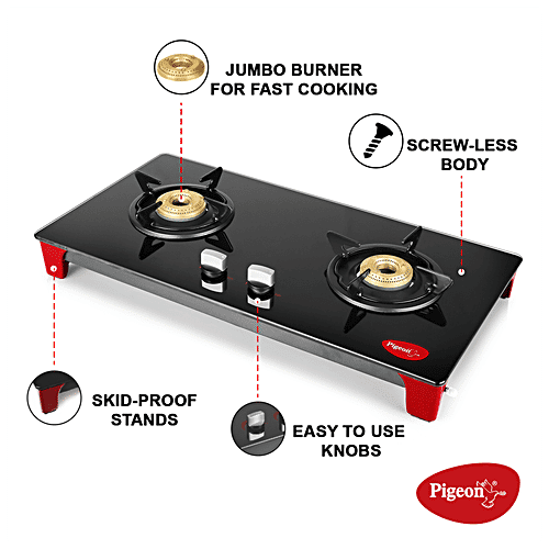Pigeon by Stovekraft Infinity - 2 Burner Gas Stove, Cooktop With Glass Top & Stainless Steel Body, Manual Ignition, 1 pc  