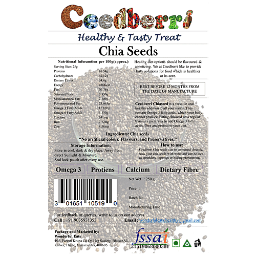 Ceedberri Chia Seeds - Rich In Omega 3, Dietary Fiber, High In Calcium & Protein, 250 g  