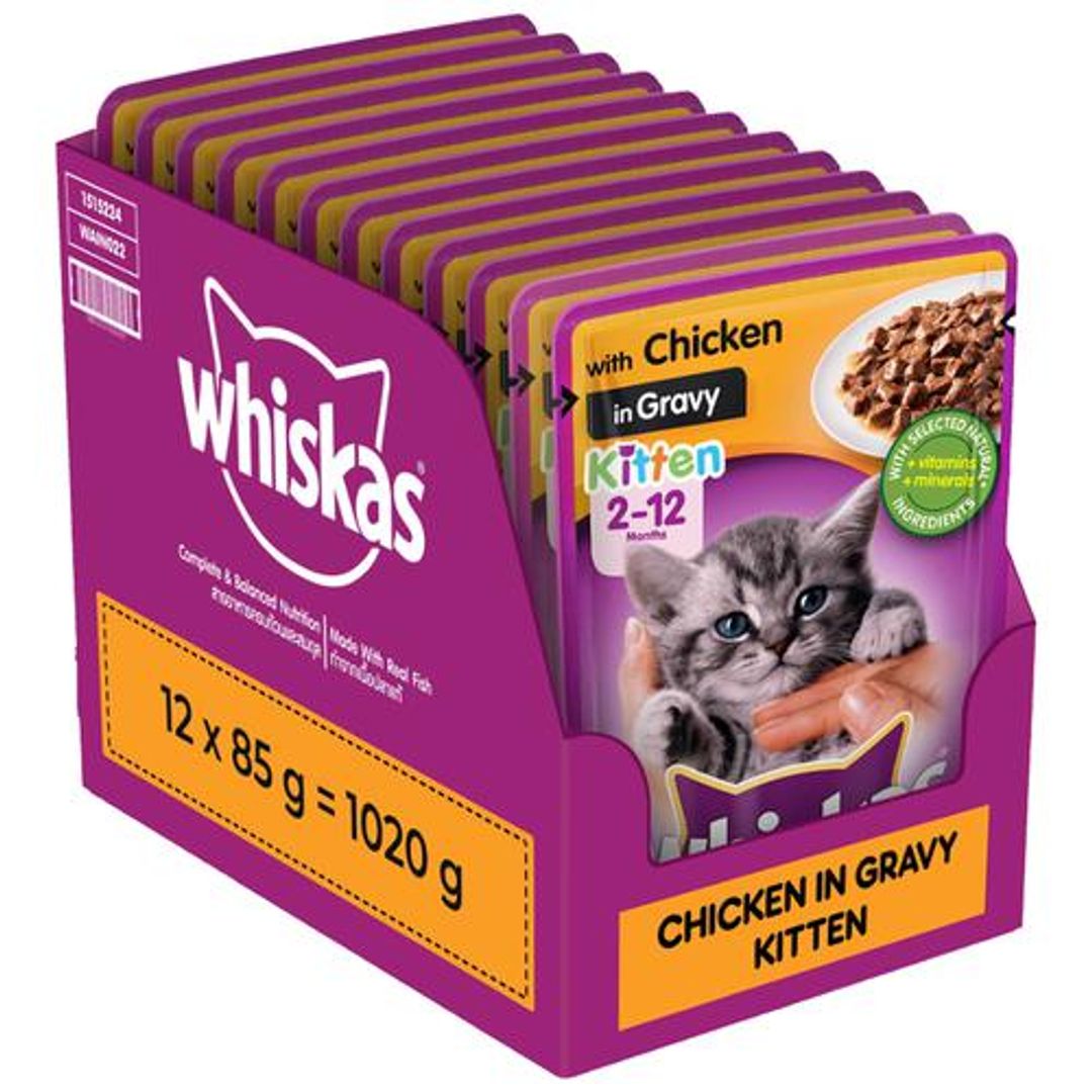 Whiskas Wet Cat Food - Kitten, 2-12 Months, Chicken In Gravy, Balanced Nutrition, Shiny Coat, 85 g (Pack of 12)