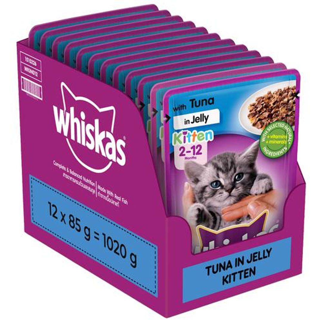Whiskas Wet Cat Food - Kitten, 2-12 Months,Tuna In Jelly, For Balanced Nutrition, Shiny Coat, 85 g (Pack of 12)
