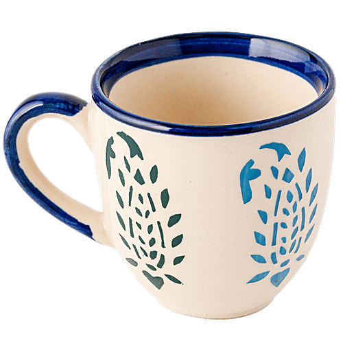 bb home Earth Mini Teacup Set, Hand Painted Ceramic - Blue Leaf, 180 ml (Set of 6) 