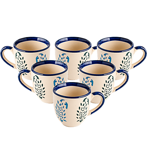 bb home Earth Mini Teacup Set, Hand Painted Ceramic - Blue Leaf, 180 ml (Set of 6) 