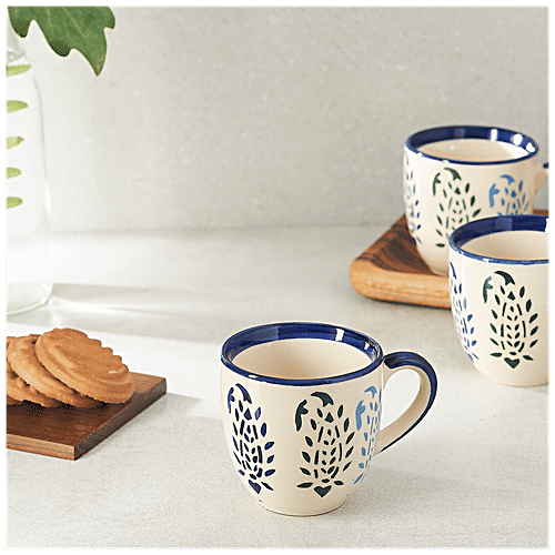 bb home Earth Mini Teacup Set, Hand Painted Ceramic - Blue Leaf, 180 ml (Set of 6) 