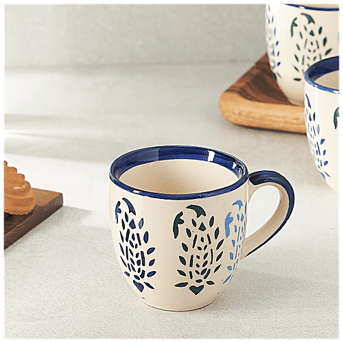 bb home Earth Mini Teacup Set, Hand Painted Ceramic - Blue Leaf, 180 ml (Set of 6) 