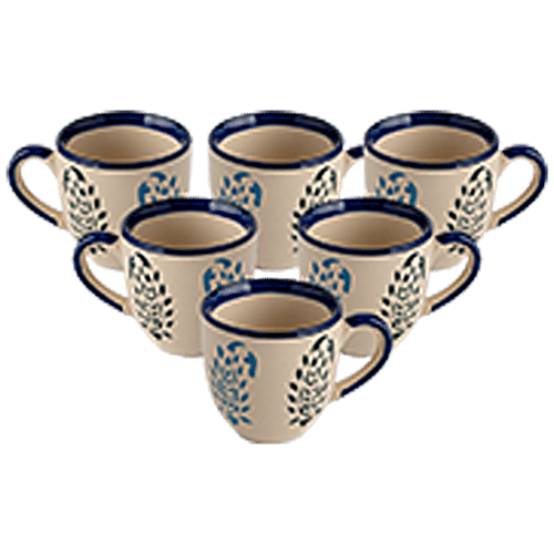 bb home Earth Mini Teacup Set, Hand Painted Ceramic - Blue Leaf, 180 ml (Set of 6) 