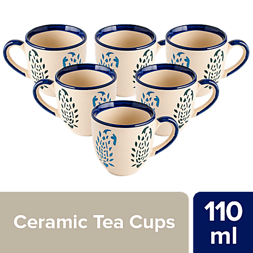 bb home Earth Mini Teacup Set, Hand Painted Ceramic - Blue Leaf, 180 ml (Set of 6) 