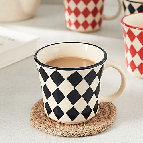 bb home Earth Tea/ Coffee Mug Set, Hand Painted Ceramic- Diamond Red Black, 180 ml (Set of 6) 