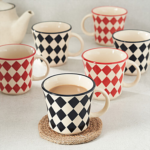 bb home Earth Tea/ Coffee Mug Set, Hand Painted Ceramic- Diamond Red Black, 180 ml (Set of 6) 
