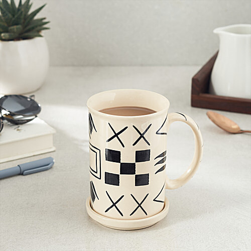 bb home Earth Tea/ Coffee/ Milk Mug - Handcrafted Ceramic Lid/ Coaster, Abstract Off White, 300 ml  