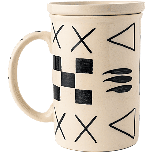 bb home Earth Tea/ Coffee/ Milk Mug - Handcrafted Ceramic Lid/ Coaster, Abstract Off White, 300 ml  