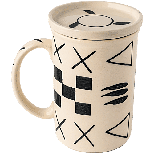 bb home Earth Tea/ Coffee/ Milk Mug - Handcrafted Ceramic Lid/ Coaster, Abstract Off White, 300 ml  