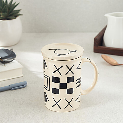 bb home Earth Tea/ Coffee/ Milk Mug - Handcrafted Ceramic Lid/ Coaster, Abstract Off White, 300 ml  
