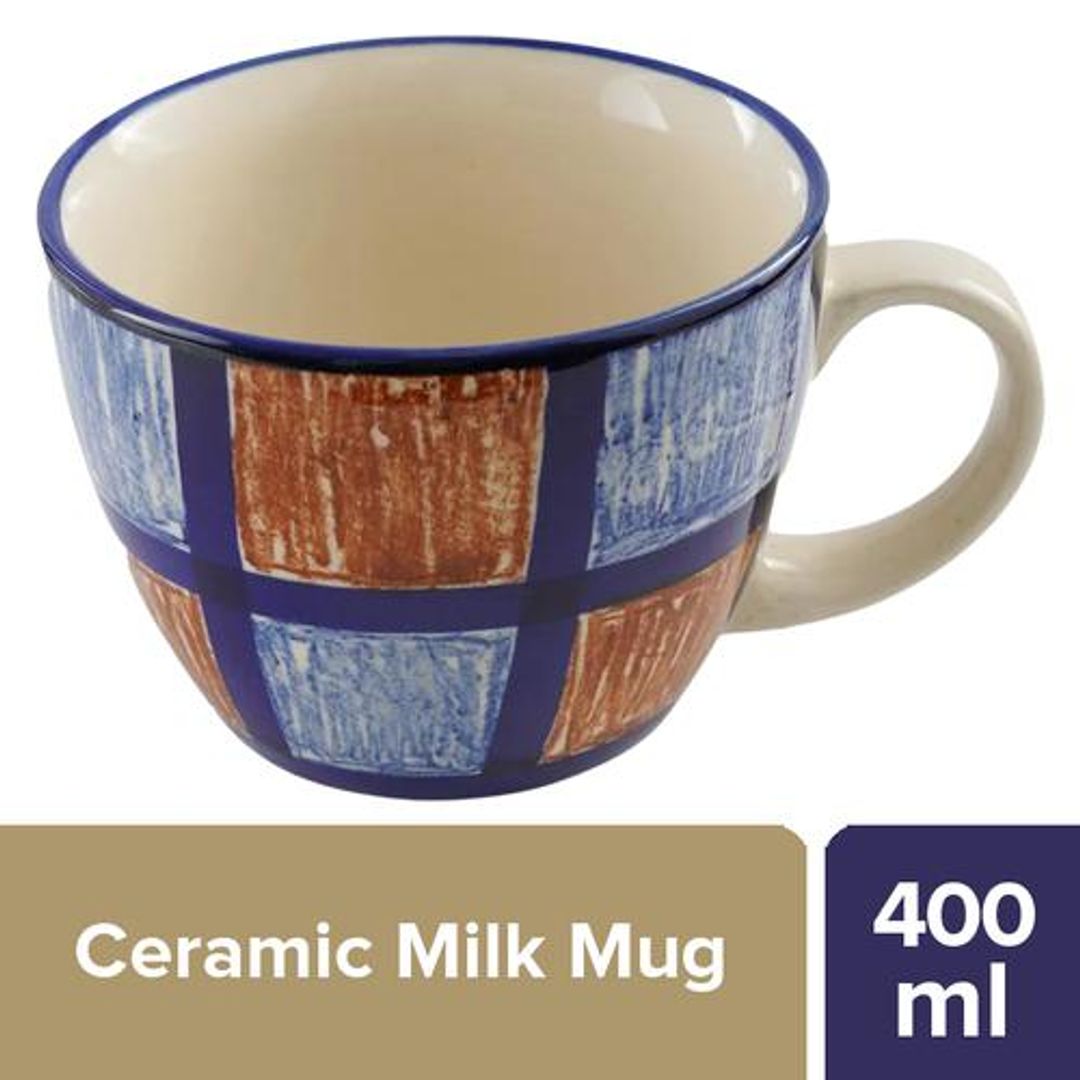 BB Home Earth Coffee/Milk Mug, Hand Painted Ceramic - Checkered Yellow & Blue, 400 ml 