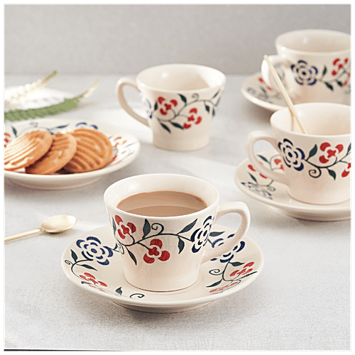 Buy BB Home Earth Ceramic Tea Cup & Saucer Classic Floral Ring Design