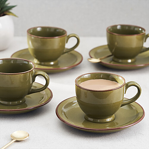 bb home Earth Tea Cup & Saucer Set, Hand Painted Ceramic - Glazed Olive Green, 150 ml (Set of 4) 