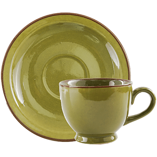 bb home Earth Tea Cup & Saucer Set, Hand Painted Ceramic - Glazed Olive Green, 150 ml (Set of 4) 