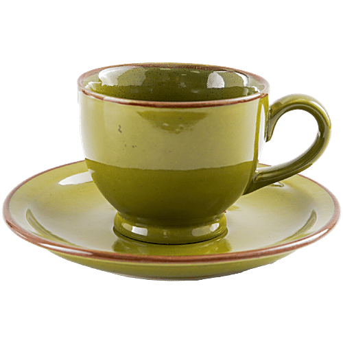 bb home Earth Tea Cup & Saucer Set, Hand Painted Ceramic - Glazed Olive Green, 150 ml (Set of 4) 