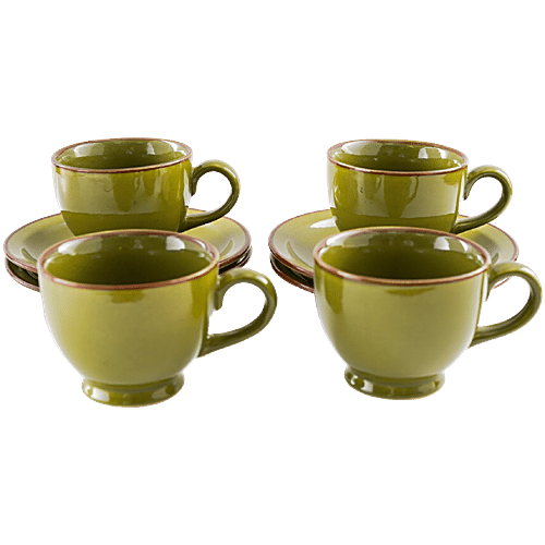 bb home Earth Tea Cup & Saucer Set, Hand Painted Ceramic - Glazed Olive Green, 150 ml (Set of 4) 