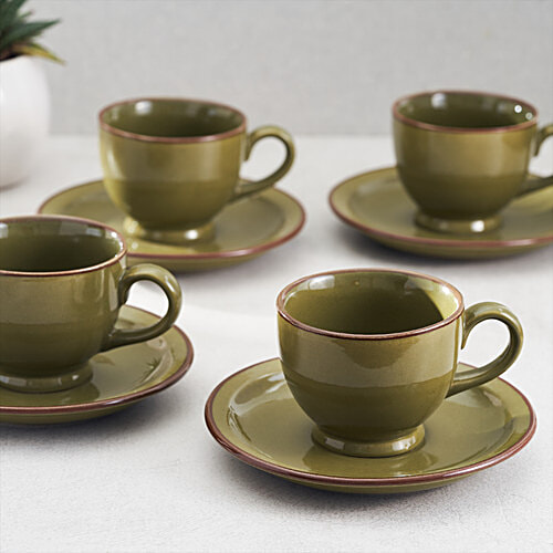 bb home Earth Tea Cup & Saucer Set, Hand Painted Ceramic - Glazed Olive Green, 150 ml (Set of 4) 