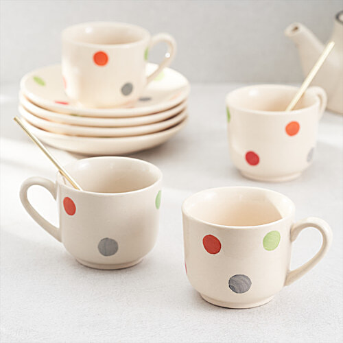 bb home Earth Ceramic Tea Cup & Saucer - Polka Dot Design, Hand Painted, Assorted Colours, 150 ml (Set of 4)